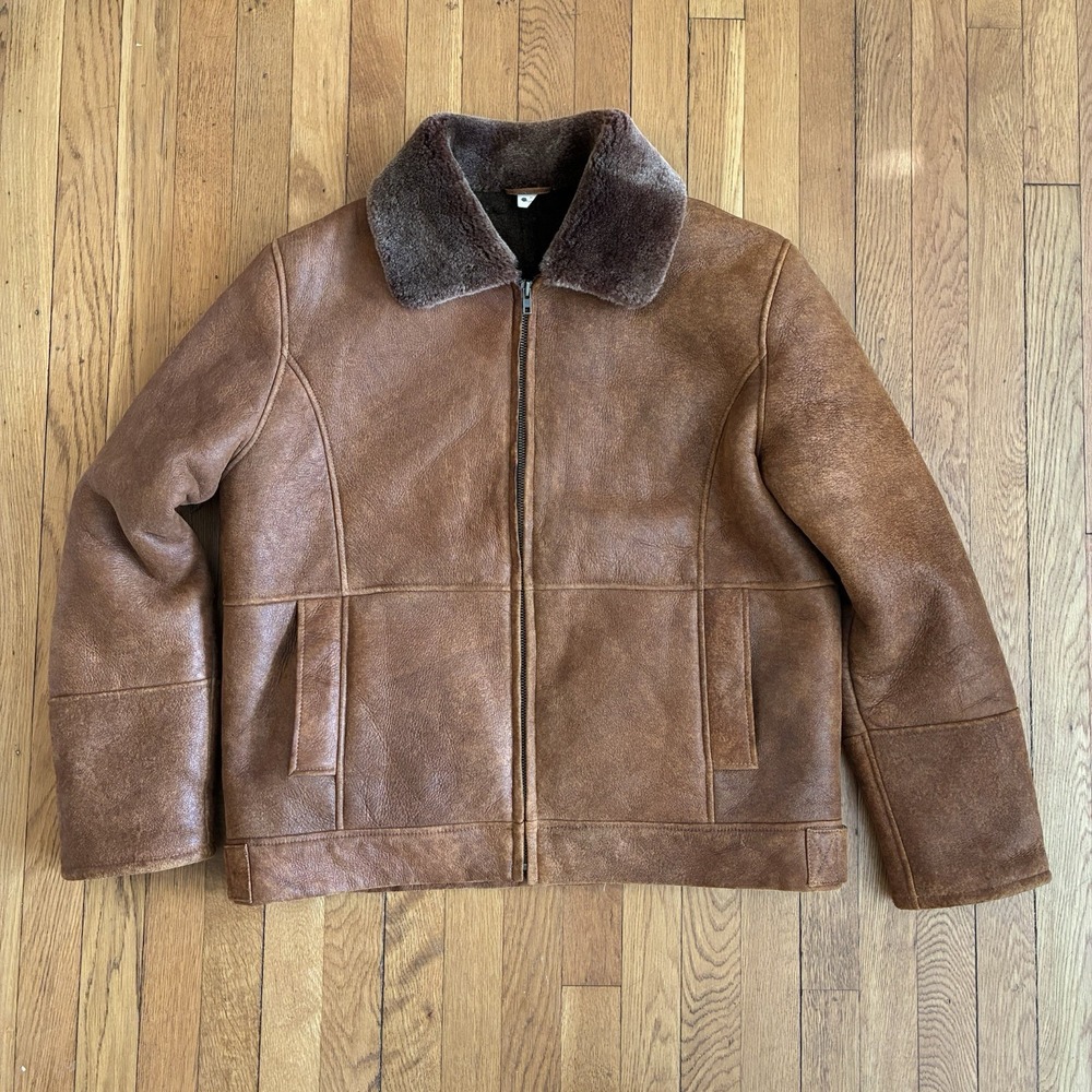 ORVIS Shearling Leather Fully Lined Brown Bomber Coat Jacket - Men's Sz L